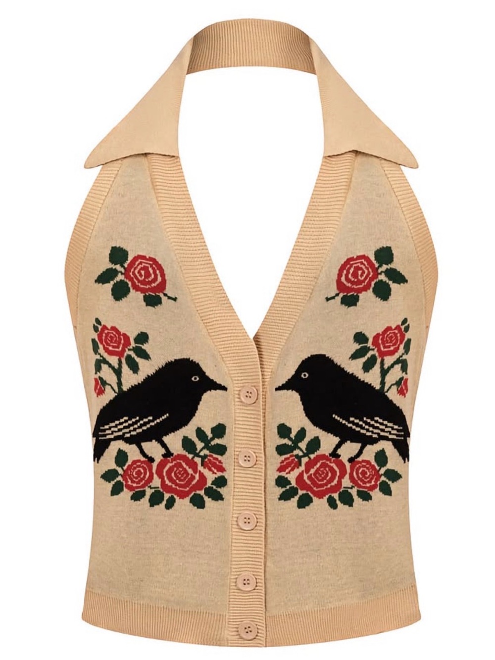 OXKNIT - Jacquard Bird and Rose Motif Halter Top - NWT
